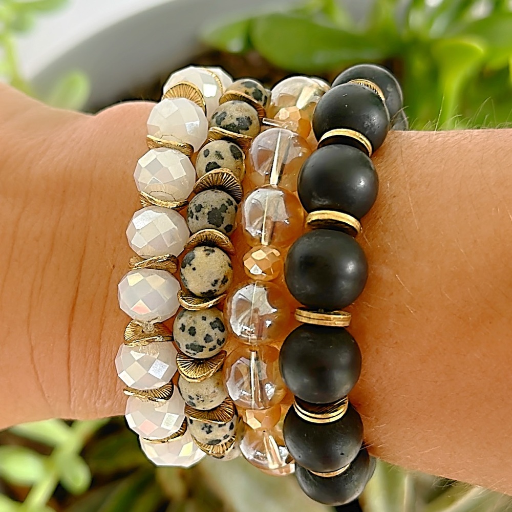 4 piece neutral black, white and nude beaded bracelet set, casual, elegant,